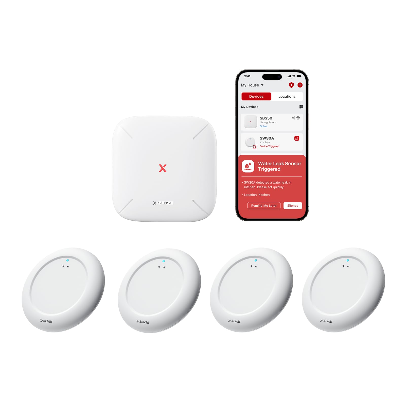 X-Sense Ultra-Slim Wi-Fi Water Leak Detector, 4 Sensors + Base, Sws0A41 | 0.7 In Thin Design, Real-Time Alerts, Detects Water As Low As 0.4 Mm, 1700 Ft Range, Under Appliances & Behind Toilets Ultra-Slim (0.67 In Thick) 5
