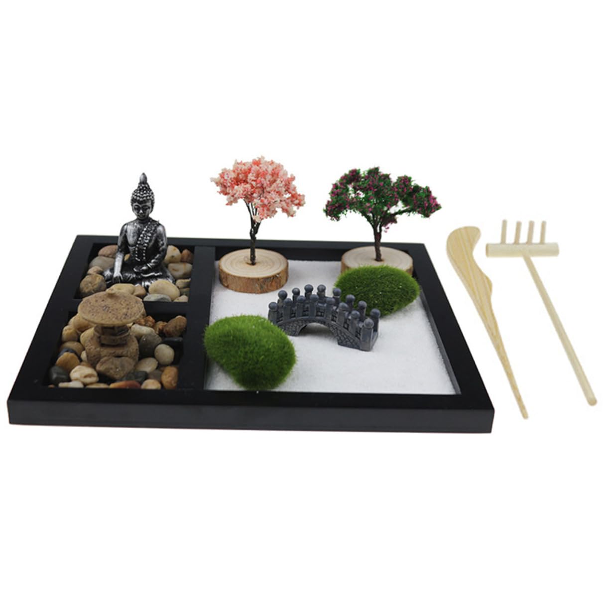 BRIGHTFUFU 1Set Desktop Zen Garden Meditation Sandbox for Home Office Decor Relief Table Ornament with Hand Crafted Accessories Peaceful Miniature Landscape