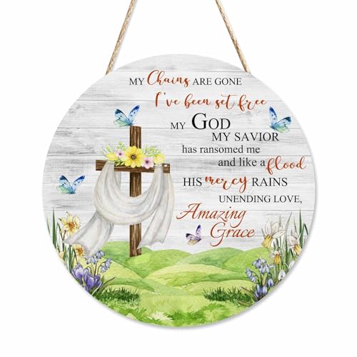 Beabes Welcome Sign for Front Door Decor Wreath My Chains are Gone Farmhouse Wood Wall Hanging Outdoor Home Garden Porch Decorations,12in