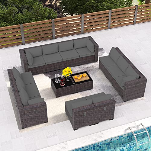 Image of 14 Pieces Outdoor Patio Furniture Set,Outdoor Sectional Furniture All Weather PE Rattan Wicker Patio Conversation Set with 2 Coffee Tables and 12 Thickened Cushions,Grey