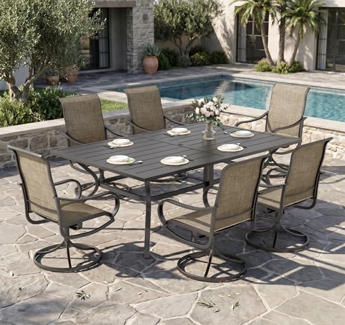 Image of Sophia & William Patio Dining Set for 6 w /Swivel Textilene Chairs, Brown | 60 inchx 38 inch outdoor table and chairs, all-weather E-coating metal frame & mesh fabric. Suitable for deck, garden, poolside