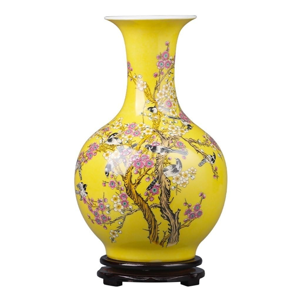 Vase en céramique rétro jaune, décoration meuble TV salon et ornement fleur style chinois
