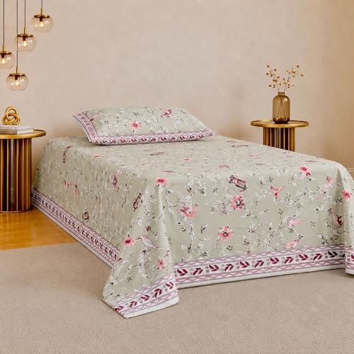 Image of Jaipur Weaves Single Bed Cotton Bedsheet with 1 Pillow Cover, 100% Pure Cotton Single Bedsheet 60x90 Inches, 180 TC Soft Breathable Bird Bed Sheet - (Bud Green Bird)