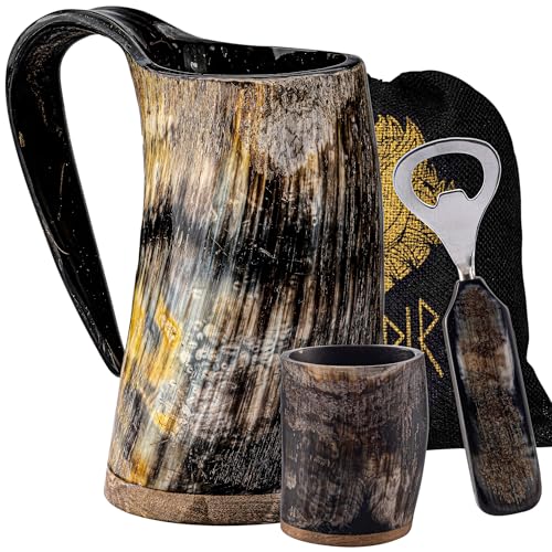 Fenrir Tazza in corno naturale di alta qualità con bicchiere corto e apribottiglie per birra birra birra fredda (453,6 ml, set da 3 pezzi, misura 16,5 pollici)