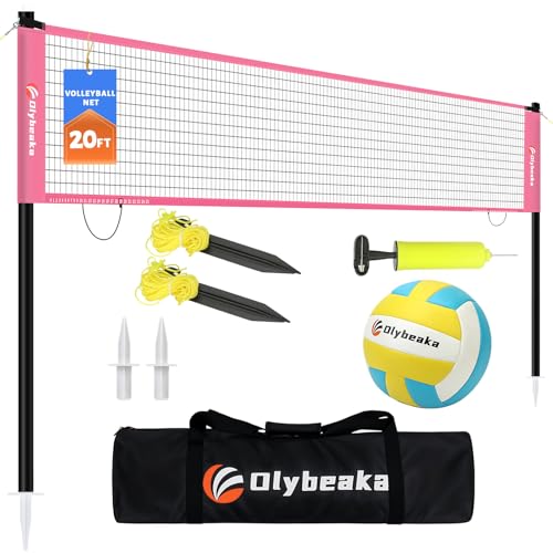 Portable Outdoor Volleyball Net Set for Backyard Beach with Adjustable Poles Soft PU Volleyball & Pump Carry Bag and Durable Anti-Sagging Net (Pink 20ft)