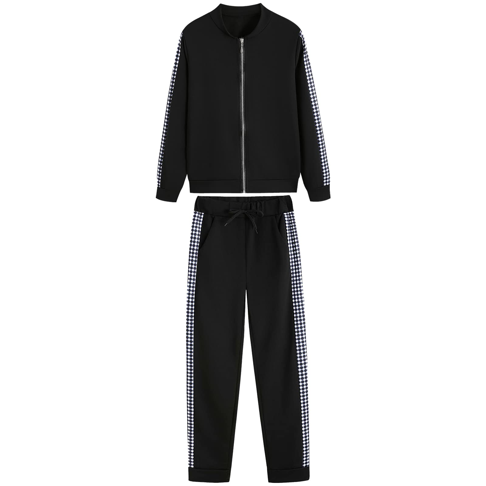 amropi Tuta da donna in 2 pezzi, con felpa con cappuccio e pantaloni da jogging, Plaid nero., X-Large