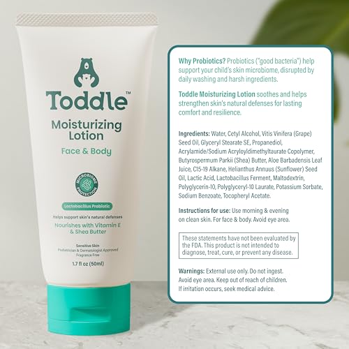 Image of Toddle Probiotic Moisturizing Lotion for Face & Body, Eczema & Dry Skin Relief, Fragrance-Free with Vitamin E, Shea Butter for Sensitive Baby & Kids Skin, Pediatrician-Approved, 3.4oz
