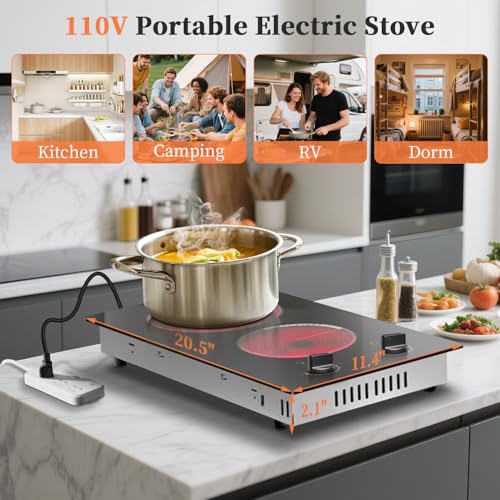 2 Burner Electric Cooktop - 110v Countertop and Built-in Electric Stove 2000W, 12 Inch Ceramic Stove with Residual Heat Indicator, Over-Temperature Protection, Knob Control, 110-120V Plug in