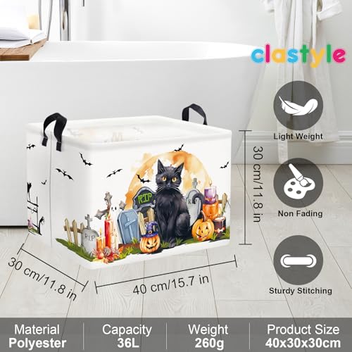 Image of Clastyle Large Spooky Halloween Baby Gift Basket Stuffers Boy Girl Pumpkin Bat Graveyard Boo Nursery Bin Kid Book Toy Box Collapsible Clothes Organizer for Bedroom,Cat,40 * 30 * 30 cm