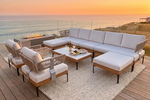 Image of PURPLE LEAF Patio Furniture Set Outdoor Conversation Sets with Fade-Resistant Cushions and Pillows 10 Pieces Aluminum Modern Wicker Sofa Chairs for Balcony Yard Garden, White