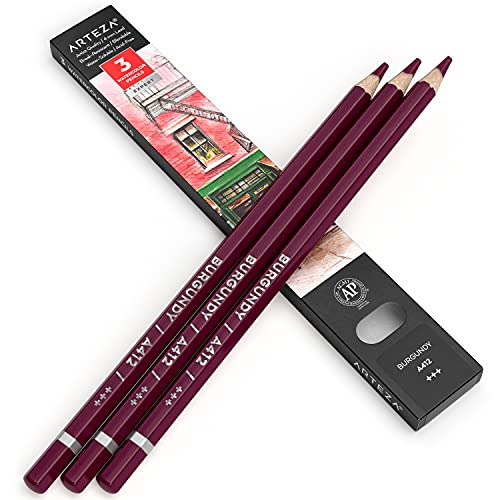 Arteza Professional Watercolor Pencils, Pack of 3, А412 Burgundy, Water-Soluble Pencils for Coloring, Blending, Layering & Watercolor Techniques