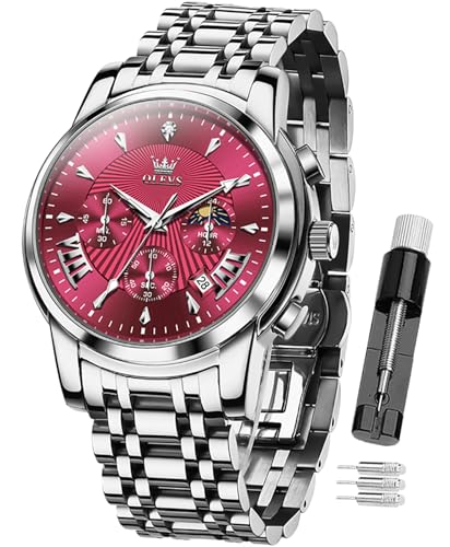 Image of OLEVS Mens Watch Diamond Luxury Stainless Steel Waterproof Quartz Chronograph Wristwatch for Men,Classic Business Casual Date Moon Phase Luminous Hands ((2892) Silver Steel Strip red dial)