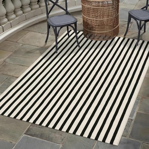 OJIA Washable Area Rugs 4'x6', Black and Cream Outdoor Rug Cotton Woven Entryway Rugs Indoor Striped Patio Rugs Carpet Large Area Rugs for Bedroom/Porch/Deck/Backyard/Home Outside Entrance Decor