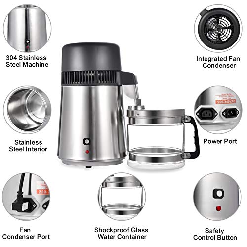 Peitten Water Distiller Machine, 750W Water Purifier Filter with Glass Container, Upgraded 304 Stainless Steel Pure Water Distilling Maker for Home Countertop, BPA Free, 1.1 Gal/4L (Black)