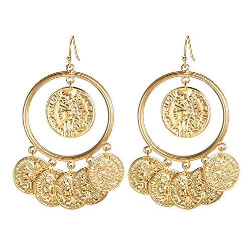 FAMARINE Vintage Tribal Chandelier Portrait Coins Hoop Drop Earrings for Women Costume Jewelry - Main Image