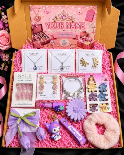 Image of Customized Name Jewellery Gift Hamper for Girls & Women | 12 Premium Items Gift Box, 2 Necklaces, Pandora Bracelet, Earrings, Nail Art, Hair Accessories, Premium Keychain