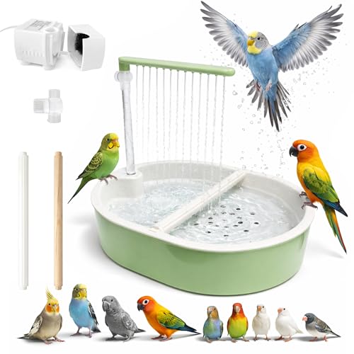 Indoor Bird Bath Fountain Dual Rainfall Parrot Shower with Anti-Clog Pump & Filter Sponge Adjustable Water Flow Natural Beech Wood Perch Bird Shower Spa for Parakeet Cockatiel Lovebird