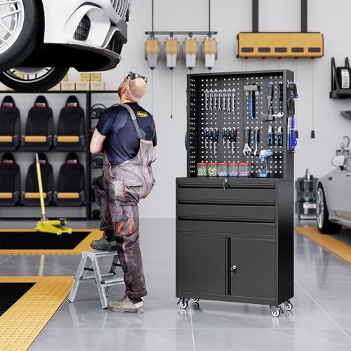 Image of Yizosh Metal Garage Storage Cabinet with Wheels,3-Drawer Rolling Tool Cabinet with 2 Door and Adjustable Shelves,- 71 inch Steel Tool Cabinet for Warehouse,Garage,Workshop