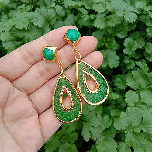 Jade vert en forme de larme sur boucles d'oreilles style fleur - 2