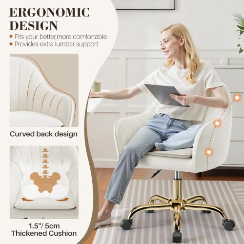 Image of Vanity Chair with Wheels, Comfy Home Office Desk Chairs Adjustable Modern Velvet Makeup Vanity Chairs for Bedroom Living Room-Beige