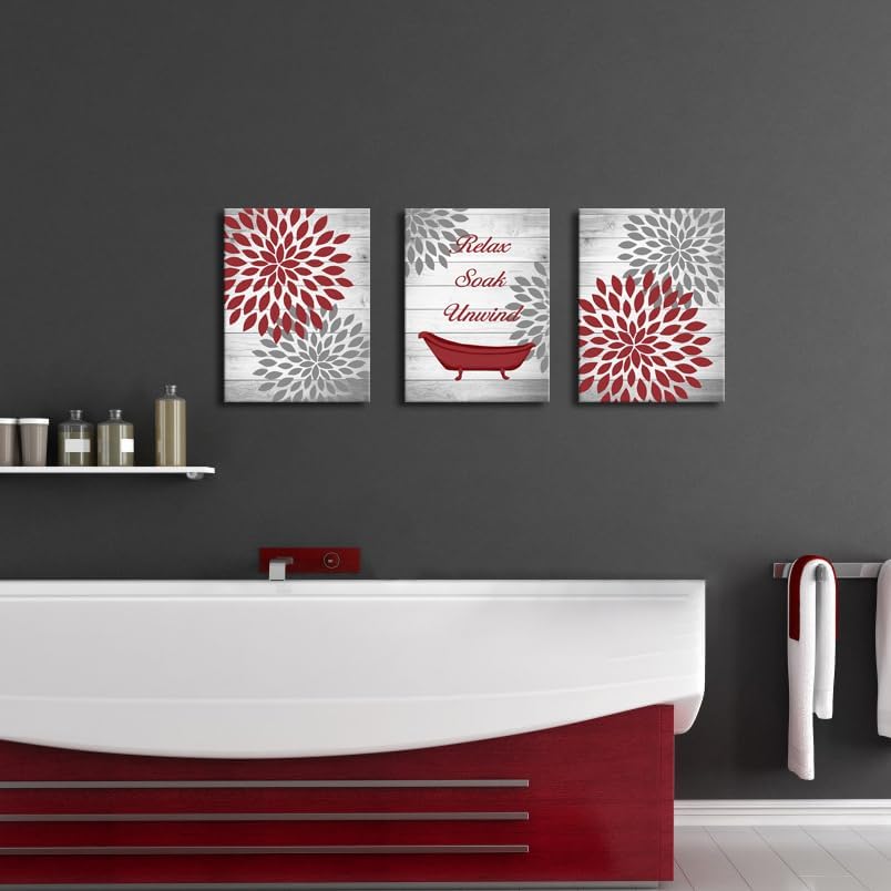 FuShvre Red Bathroom Decor Burgundy Wall Art Pictures Grey and Red Floral Canvas Prints Accessories with Relax Soak Unwind Framed 12"x16"x3pcs - Image 2