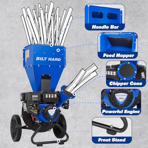 BILT HARD Wood Chipper - 7.5 HP 224cc Gas Powered Shredder, 2 in 1 Multi-Function Heavy Duty, 3" Max Wood Diameter Capacity with Collection Bag
