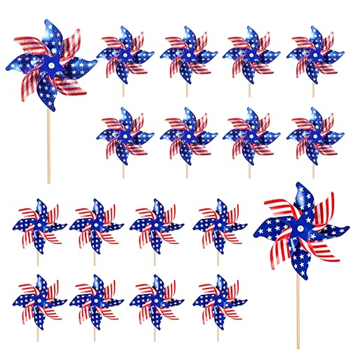 16 Pack American Flag Patriotic Pinwheels 8 PCS Matte Pinwheels and 8 PCS Reflective Pinwheels Patriotic Decorations for Yard and Garden 4th of July Red White and Blue Decorations Scare Birds Away
