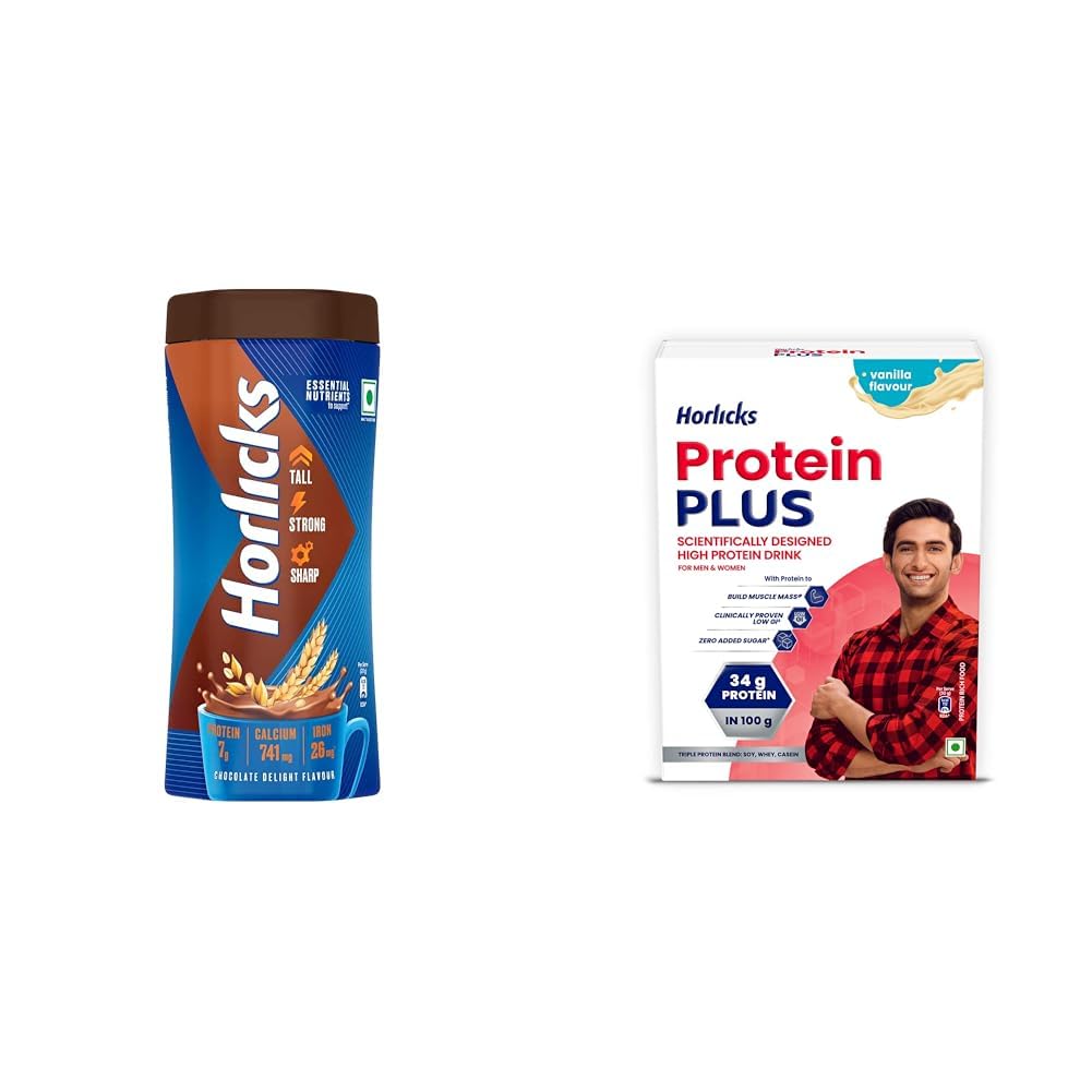 Horlicks Chocolate Nutrition Drink, 500 g Jar | Horlicks Protein Plus Vanilla Protein Drink For Adults, 400Grams Container | Whey, Soy & Casein Bl-image-27