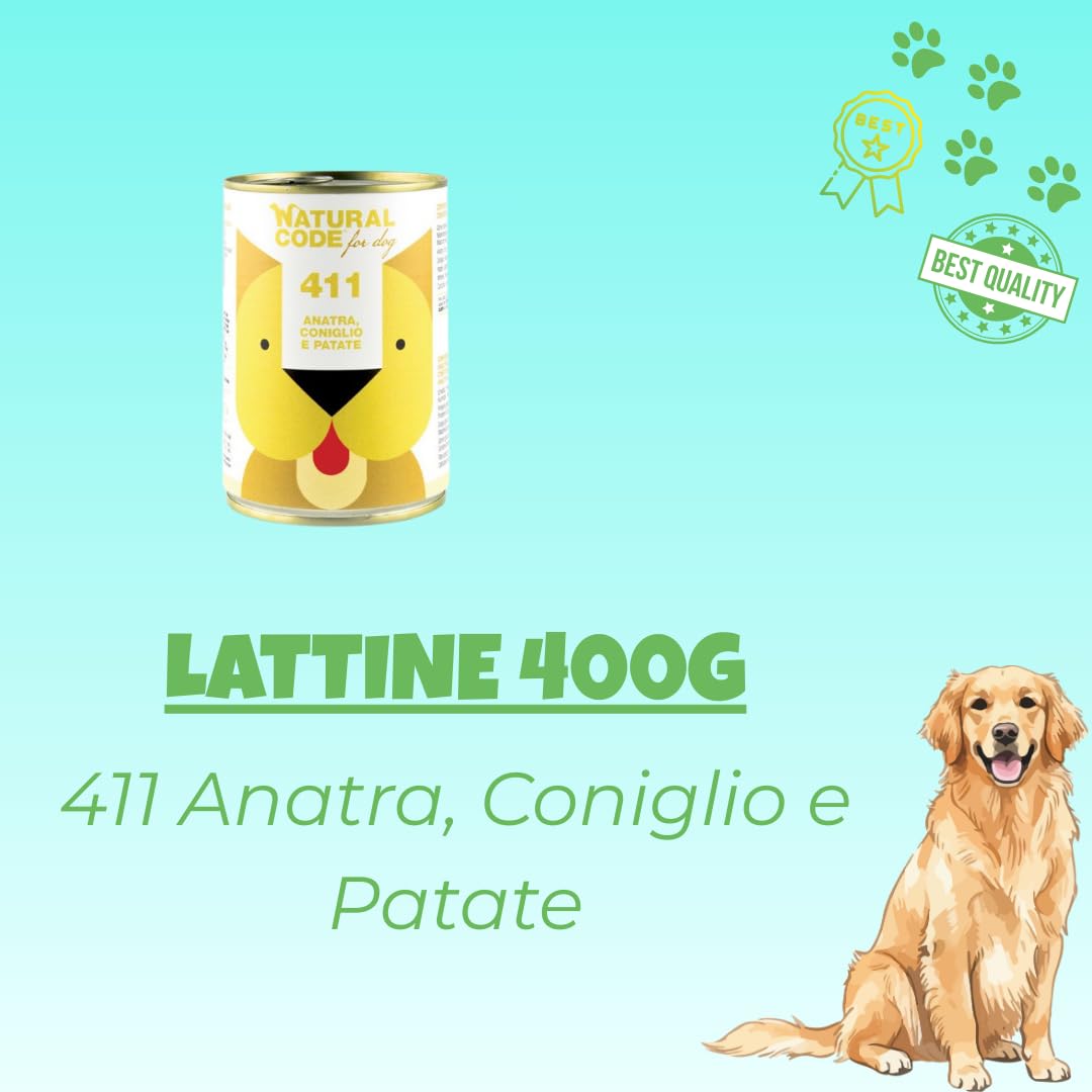 Natural Code - Alimento húmedo para perros, alimento completo para perros adultos de todas las tallas y razas, N. 411 pato, conejo y patatas, 6 latas de 400 gramos cada una, 6 x 400 g