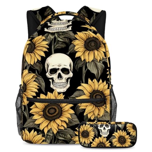 Sac à dos imprimé crâne et tournesols 2 pièces confortable avec grand volume