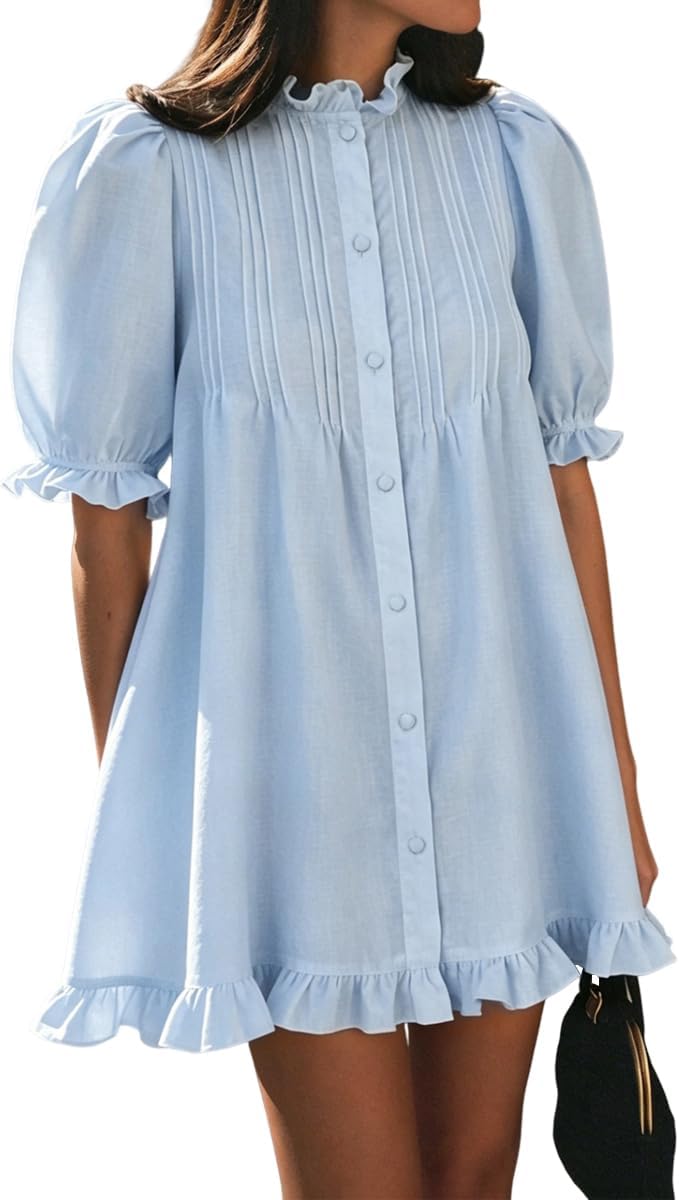 Women Ruffle Dress Puff Sleeve Button Down Pintuck Mini Dress