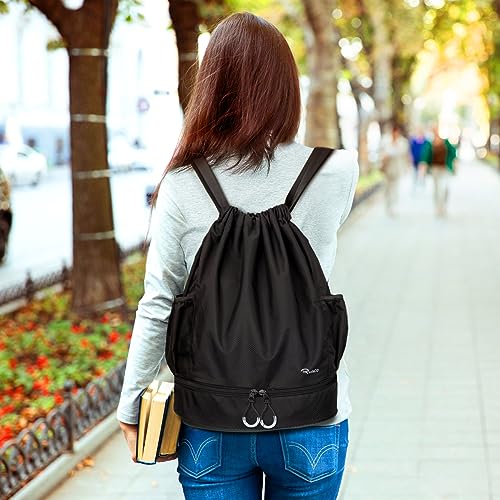 RYACO Drawstring Backpack Sports Gym Bag, Water Resistant String Sackpack Large Size with Zipper and Water Bottle Mesh Pockets for Gym Shopping Sport Yoga School Swimming Beach - Image 7