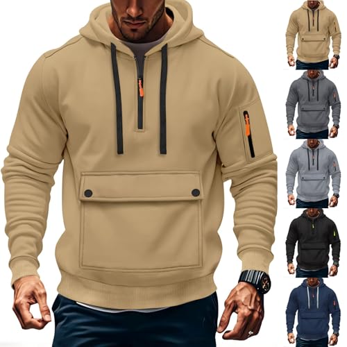 Bacrealx Hoodies for Men,Quarter Zip Pullover Vintage Tactical Hooded Sweatshirt Casual Oversized Fleece Lined Hoodie Pocket
