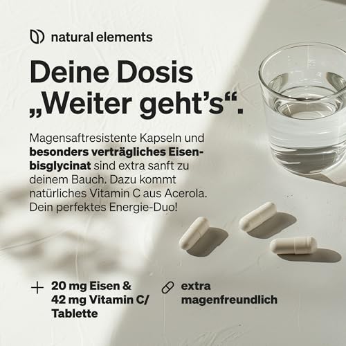 natural elements Eisen 20mg (aus Eisenbisglycinat) pro Kapsel – mit 42mg natürlichem Vitamin C – vegan, geschmacksneutral – 180 Kapseln – Premium-Rohstoff: FerrochelTM (Eisen-Chelat)