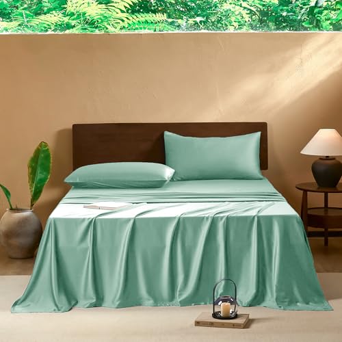 Image of EVERLY Full Sheets Set,Luxuriously 400 Thread Count Organic Viscose Derived from Bamboo Bed Sheet,Cooling Sheets for Full Size 4 Piece Deep Pockets Bedding Sheets &Pillowcases-Water Green
