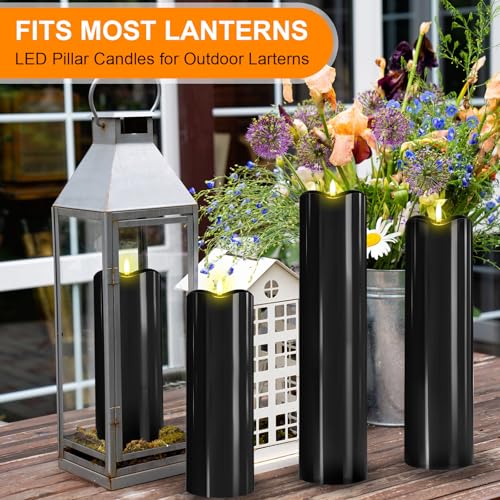 Image of Rossesay 8 inch 10 inch 12 inch 14 inch X 4 inch Large Waterproof Outdoor Flameless Candles, 4 Pcs LED Pillar Candles with Remote and Timers Battery Operated Jumbo Flickering for Home Patio Church Lanterns(Black)