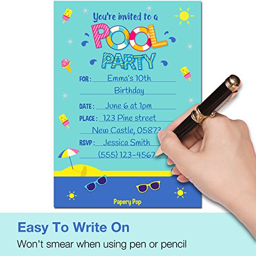 30 Pool Party Invitations with Envelopes (30 Pack) - Kids Birthday Invitations for Boys or Girls - Thumbnail 3
