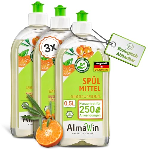 AlmaWin® Spülmittel Öko [3x 500ml] mit Sanddorn & Mandarine-Duft - Kraftvolles Geschirrspülmittel flüssig mit hoher Fettlösekraft - Vegan Dish Soap - Biologisch abbaubares & ergiebiges Konzentrat