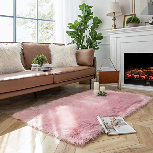 Ashler Faux Fur Rug, Fluffy Shaggy Area Rug Ultra Soft 3 X 5 Feet Rectangle Fur Rug Pink Fuzzy Rug Machine Washable Shag Rug, Nursery Decor Throw Rugs For Bedroom, Kids Room, Living Room #TOP2