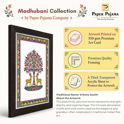 Image of PAPER PAJAMA Deer Pair Under Tree Wall Art for Living Room | Madhubani Tree of Life Painting | Traditional Mithila Folk Art Framed Decor for Home, Bedroom & Office (10x13 Inches)