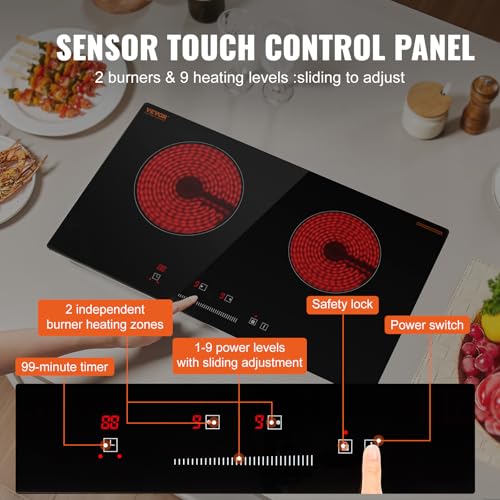 Image of VEVOR Electric Cooktop, 24 inch 2 Burners Built-in Electric Stove Top, 1800W Ceramic Top Radiant Cooktop with 9 Heat Level, Glass Panel, Touch Control, Timer, Child Lock, Residual Heat Indicator, 120V