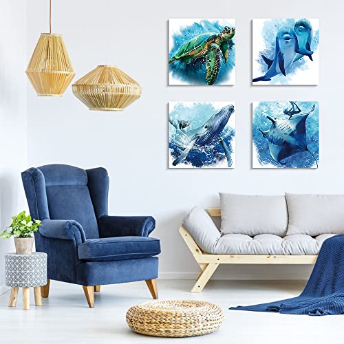 Bontalc Wathet Blue Bathroom Decor 4 Pcs Framed Wall Art Turtle Dolphin Whale Manta Canvas Pictures Coastal Ocean Life Painting Living Room Bedroom Home Decoration 12×12 Inches #TOP1