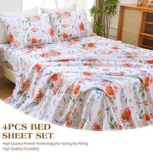 Image of MUXHOMO Queen Size 4 Piece Sheet Set, Soft & Breathable Sheet Set for Bedroom with Deep Pocket Up to 16 inch, Wrinkle-Free & Cooling Bed Sheet with Flat Sheet, Fitted Sheet & Pillowcases - Blooming Rose