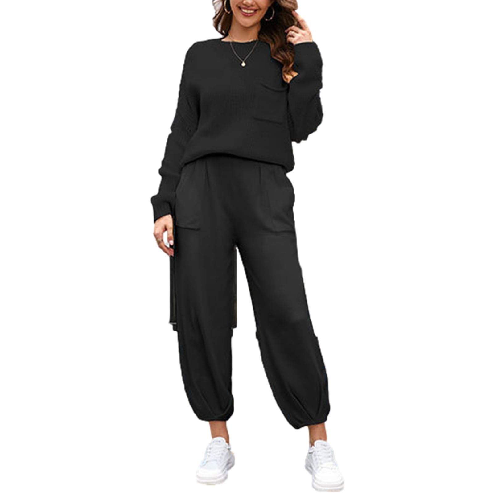amropi Conjunto Punto de Mujer 2 Piezas Suéter Jersey de Manga Larga y Pantalon Jogging Chándal