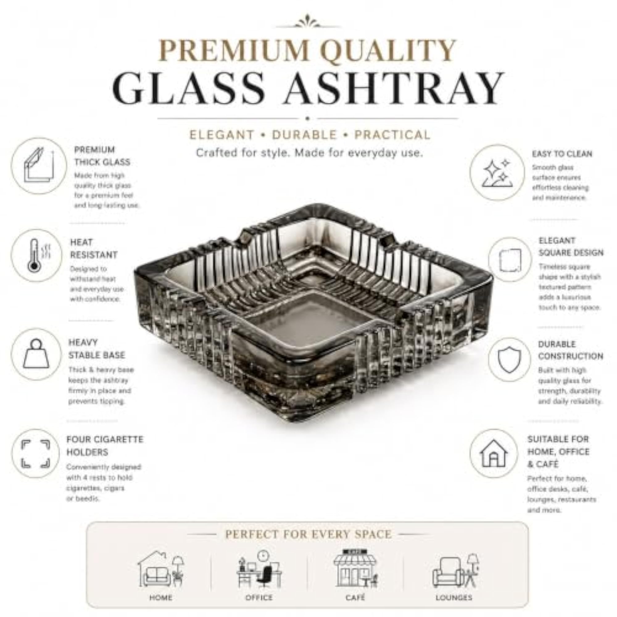 Glass Ashtray Square with Cigarette Holders
