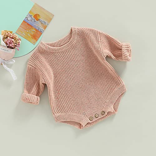 Newborn Baby Girl Boy Knit Sweater Romper Crewneck Sweatshirt Onesie Long Sleeve Warm Tops Fall Winter Clothes (Colored Pink No Hat,0-3 Months) #TOP1