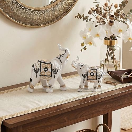 Image of Kuber Industries Set of 2 Elephant Figurines Idol for Home Decor | 6x5.5 Inch Resin Vastu Wealth, Prosperity Gift for Diwali & Housewarming | White & Golden