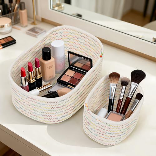 VORHOT 4er Set Aufbewahrungskorb Geflochten Baumwollseil, Korb Aufbewahrung Körbchen Wickeltisch Organizer, Stapelbare Deko Korb Speicher Storage Basket für Kinderzimmer Wohnzimmer Bad