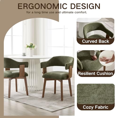 Green Upholstered Dining Chairs Set of 4, Mid Century Modern Dining Room Chairs with Wooden Legs and Armrest, Chenille Fabric Barrel Kitchen Chairs for Kitchen/Living Room