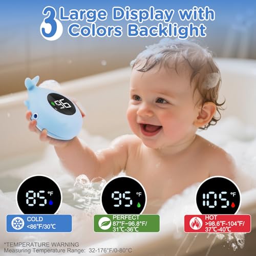 Image of Whale Baby Bath Thermometer Newborn, Safety Baby Water Thermometer & Room Temperature Alert with 3-Color LED, Floating Digtal Bathtub Temperature Toy Gift for Infant, Toddler